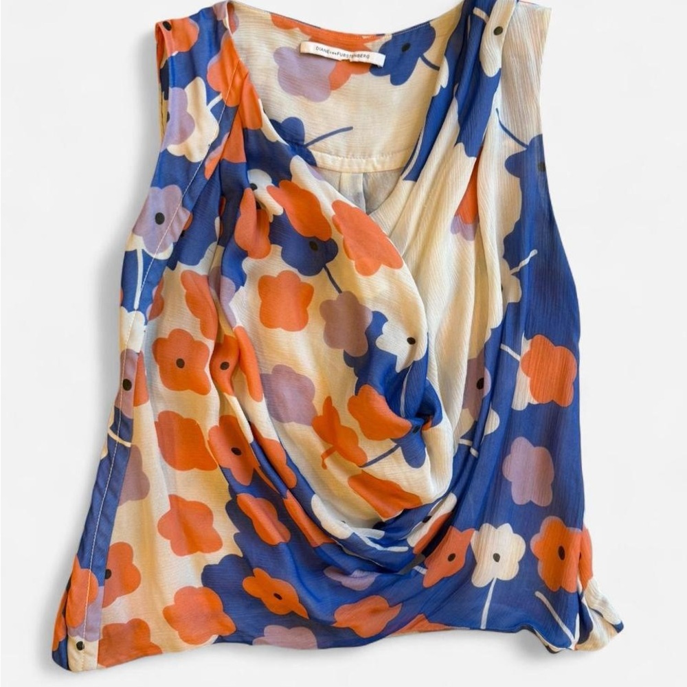 Diane Von Furstenberg Orange and Blue Asymmetrical Sleeveless Blouse